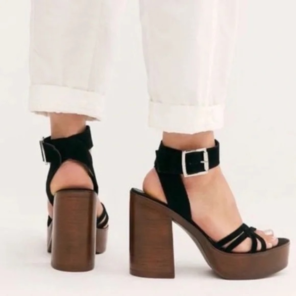 Free People Laney Suede Platform Block Heel Sandals Neutral Tone Size 39 US 8.5 - Picture 2 of 10